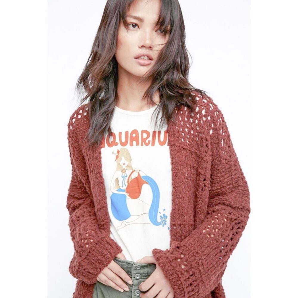 Free People Mauve Chunky Wool Blend Knit Cardigan Boho Soft Girl Cottagecore